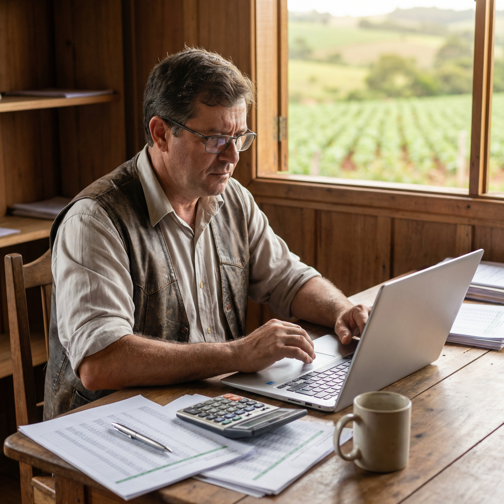 Administrador rural analisando gestão financeira de propriedade rural com o FarmPlus