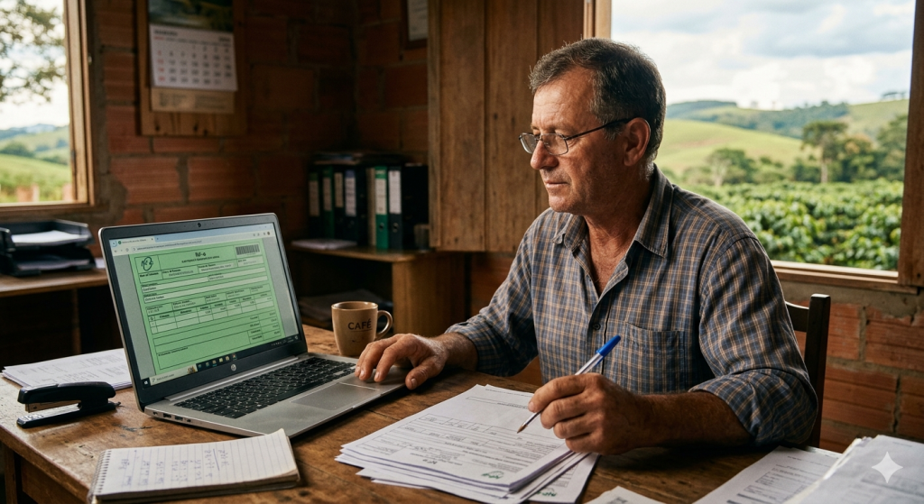 Produtor rural analisando nota fiscal eletrônica com campos CFOP no computador