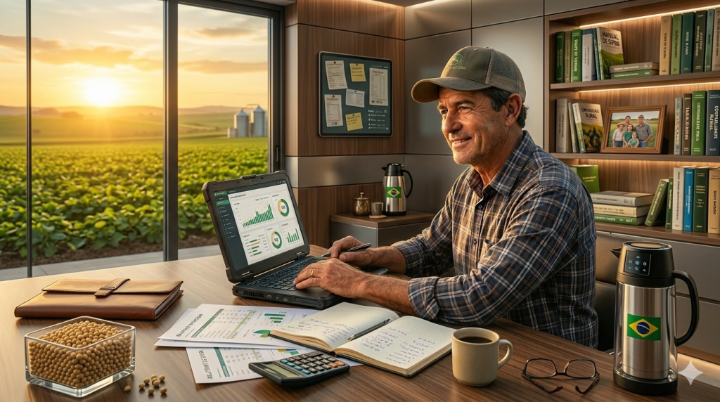 Produtor rural analisando documentos financeiros da fazenda com lavoura ao fundo