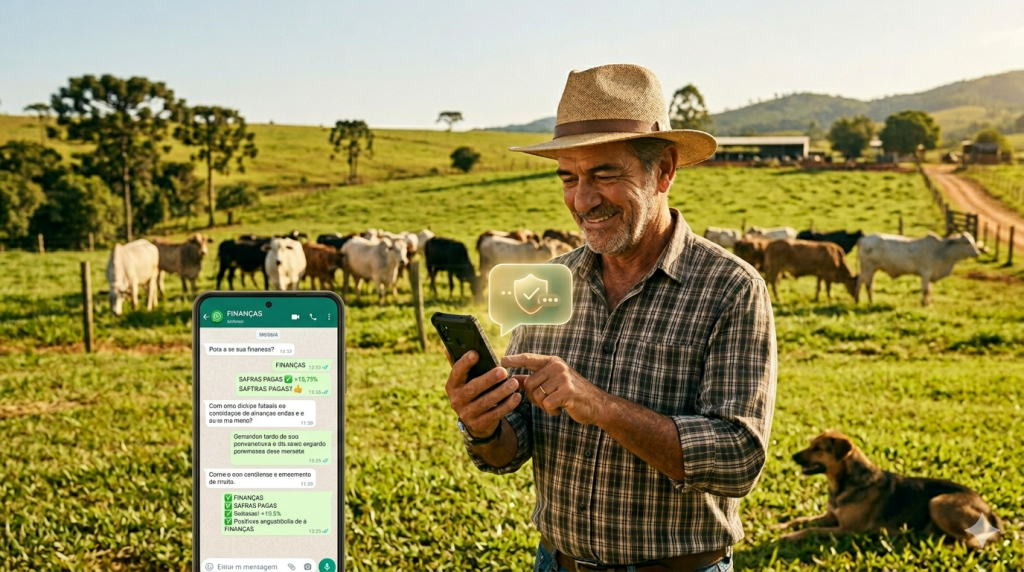 Produtor rural idoso usando WhatsApp no campo para consultar finanças da fazenda pelo celular