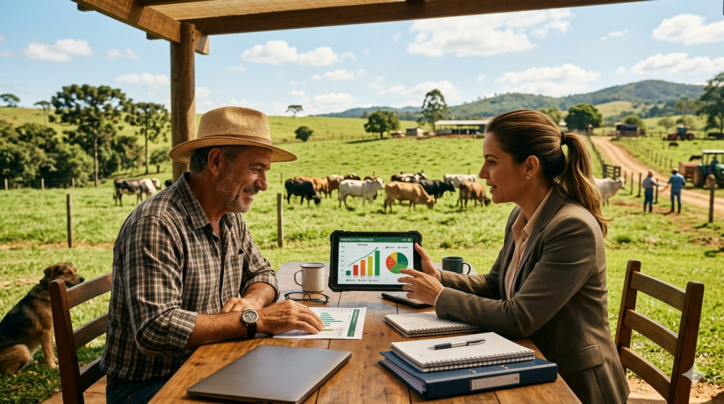 Produtor rural e contador analisando alíquotas do FUNRURAL 2026 com pastagem e gado ao fundo