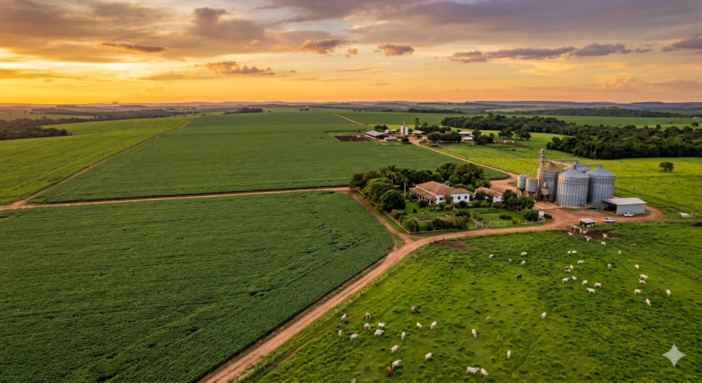 Vista aérea de fazenda brasileira com lavouras e pastagens ao entardecer, representando propriedade rural sujeita ao ITR