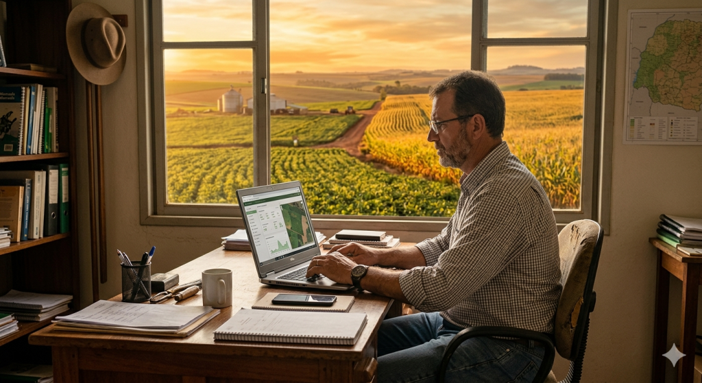 Produtor rural no Paraná emitindo nota fiscal eletrônica NFP-e em tablet com lavoura ao fundo