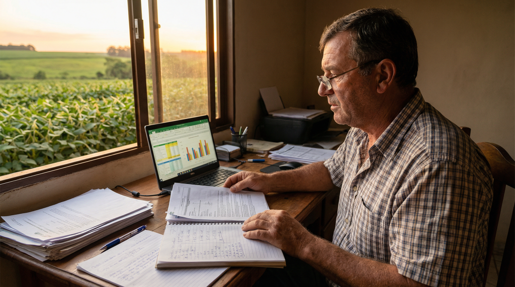 livro caixa digital do produtor rural — produtor rural revisando documentos financeiros na sede da fazenda